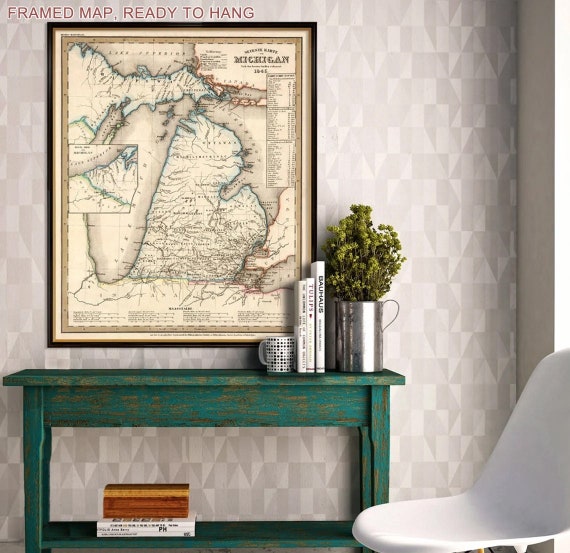 Old map of Michigan - Framed map, ready to hang, 20 x 24 inches, black frame