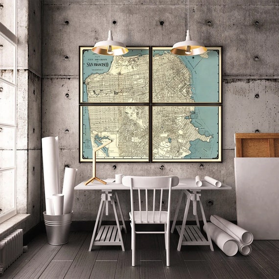 Vintage map of San Francisco, huge wall map of San Francisco, industrial style map decor