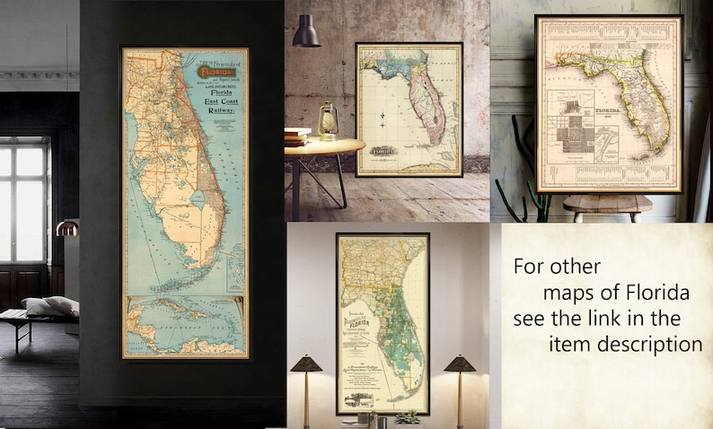 Carte de la Floride, carte vintage de la Floride, carte murale Sunshine State, jusqu'à 27 x 54 po. image 7
