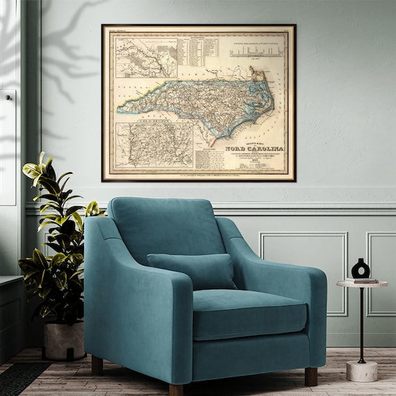 Old map of North Carolina, The Old North State large and detailed map, your home state poster for wall decoration