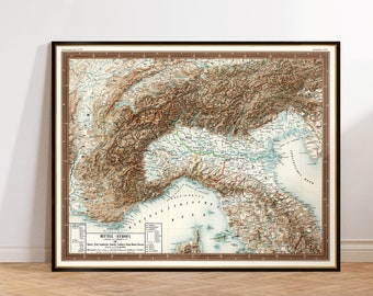 The Alps, old map from 1854 with a shaded relief effect, wonderful physical map of Central Europe