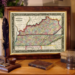 Carte d'état vintage du Kentucky - Carte du Tennessee - Reproduction de carte ancienne sur papier ou toile