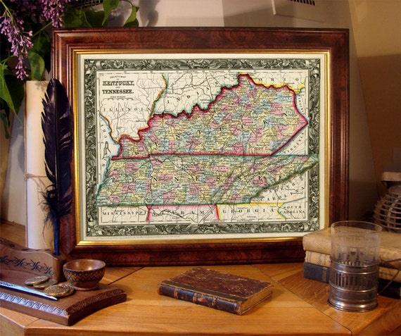 Vintage state map of  Kentucky - Tennessee map - Old map reproduction on paper or canvas