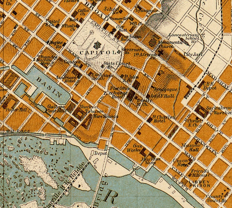 Old map of Richmond archival print on paper or matte canvas Map of