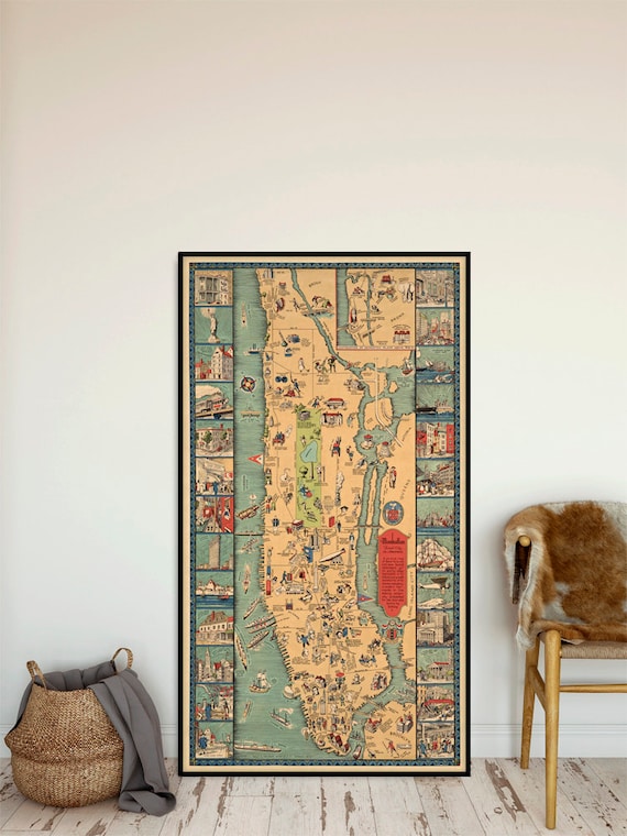 Manhattan pictorial map - Vintage map of Manhattan, historical landmarks, decorative wall map, large poster