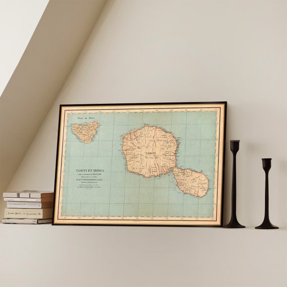 Tahiti map - Decorative map of Tahiti and Morea, old map restored, archival reproduction