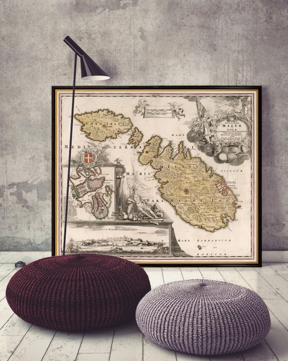 Antique map of Malta - Carte de la République de Malte - Large wall map print on paper or canvas