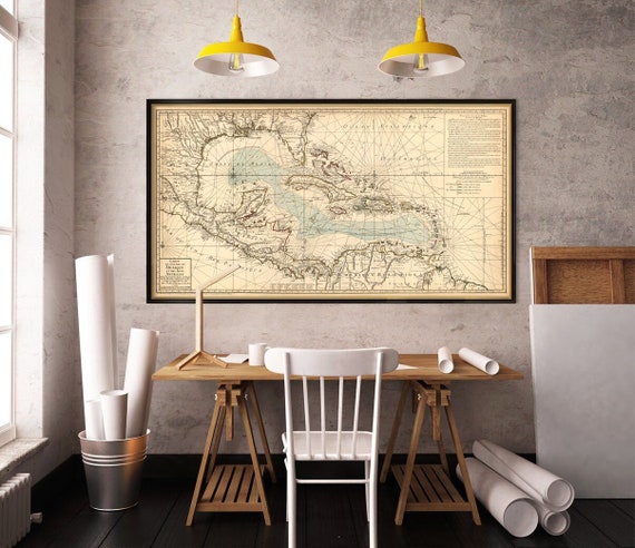 Gulf of Mexico old map, detailed antique map, Antilles, West Indies,  Florida, Haiti, Caribbean Sea