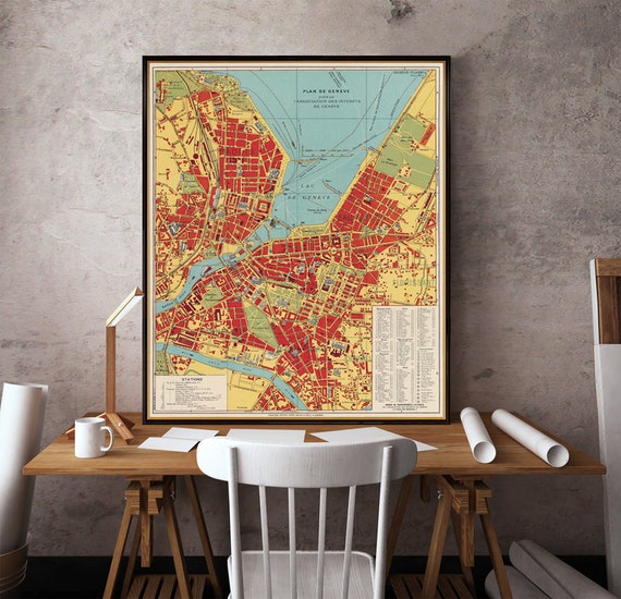 Old map of Geneva print - Fine reproduction of Geneva map, available on coated paper or matte canvas