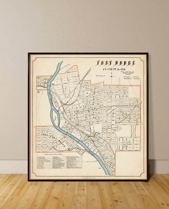 Old city plan of Fort Dodge, historical city map, restored map, wall decor