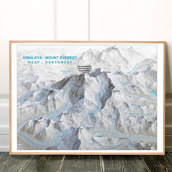 Mount Everest view and surrounding glaciers and peaks, winter decor