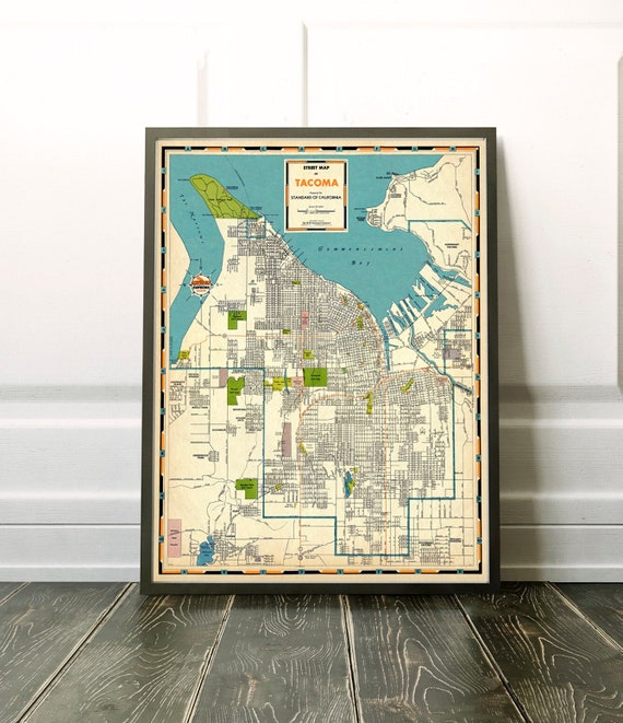 Tacoma Road map from 1947, vintage map restored, Grit City map, fine print, wonderful design, great gift idea