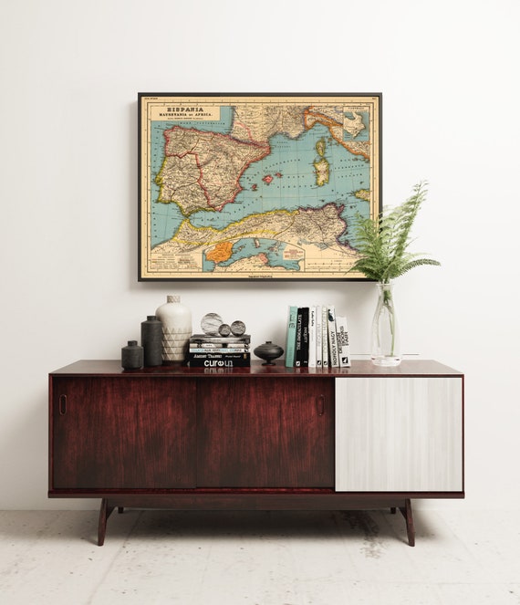 Spain map - Old map of Iberian Peninsula and Mauretania - Large map print on paper or canvas