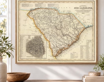 Pode incluir: Um mapa vintage emoldurado da Carolina do Sul datado de 1849, apresentando topografia detalhada, redes rodoviárias e um mapa menor de Charleston. O mapa é impresso em tons de sépia com texto e linhas pretas em uma moldura de madeira.