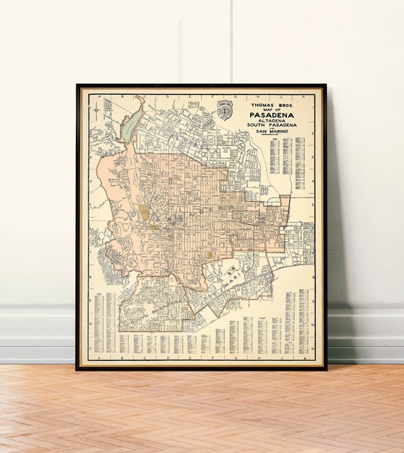 Vintage map of Pasadena, mid century city plan, wall map, restoration style house decor, map print gift idea