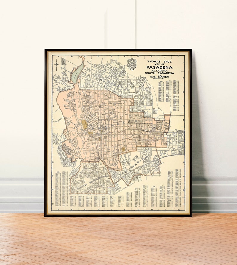Vintage map of Pasadena, mid century city plan, wall map, restoration style house decor, map print gift idea image 1