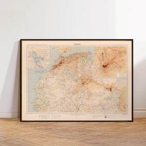 Mapa raro del Sahara de 1934, impresión de atlas colonial francés vintage, cartografía antigua del desierto, arte mural histórico.