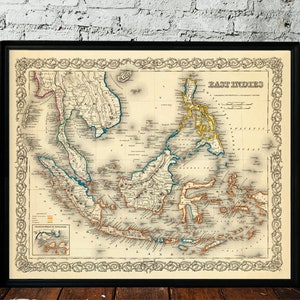 Carte vintage des Indes orientales - Carte de l'Asie du Sud-Est - Carte des Indes orientales pour décoration murale - Impression fine sur papier ou toile