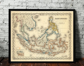 Vintage map of East Indies - Southest Asia map - East Indies map  for wall decoration - Fine print on paper or canvas