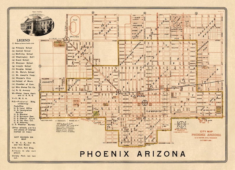 Old map of Phoenix Historical city map restored Wall map Etsy
