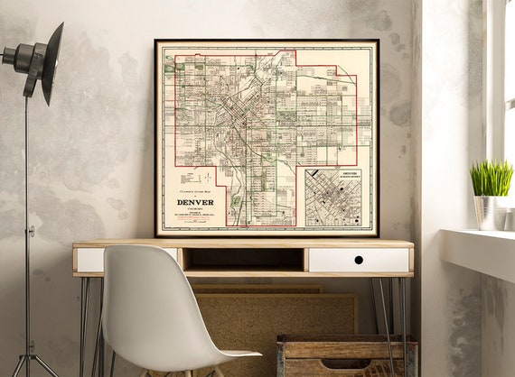 Denver map  - Vintage map of Denver - Old map restored - Wall map giclee print on paper or canvas