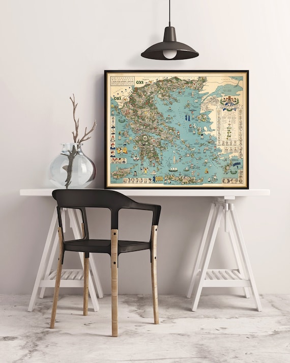 Old map of Greece - Pictorial map of Greece - Bilingual map in Greek and English -Large map available on paper or canvas