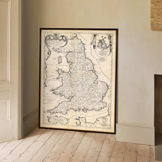 England map, Wales map, historical map restored, large wall map print on paper or canvas, restoration style decor