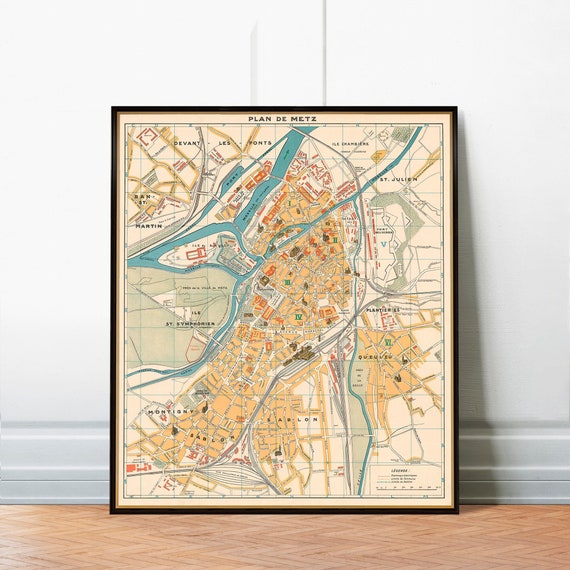 Map of Metz (France), old city plan from 1930, giclee fine print, housewarming decor idea, map gift new home