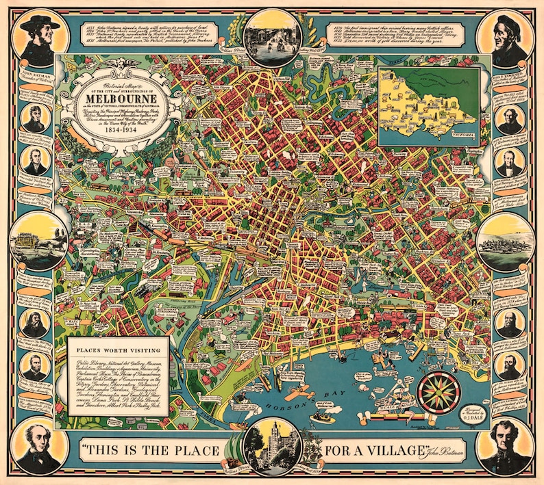 Kids map Melbourne map Illustrated map of Melbourne Decorative map Old city map print