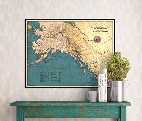 Map of Alaska - Vintage map print - Alaska map - Yukon and British Columbia map - Fine print on paper or canvas