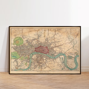 Antieke kaart van Londen - Fijne archiefreproductie - Grote muurkaart van Londen, maximaal 35 x 54" op papier of canvas