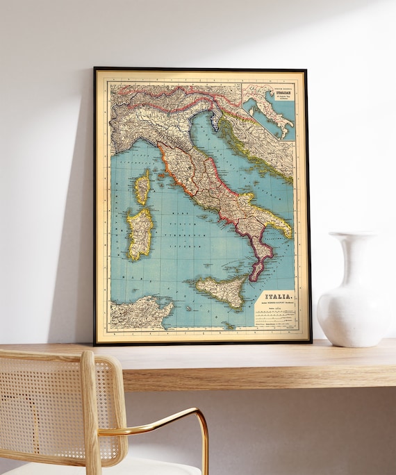 イタリアの地図、ヴィンテージのイタリア地図アーカイブプリント