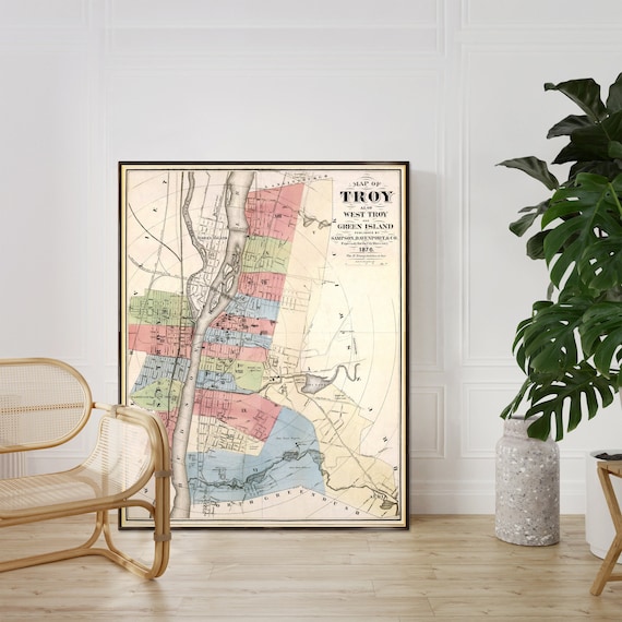 Troy, West Troy and Green Island map, city history poster, wall map decor