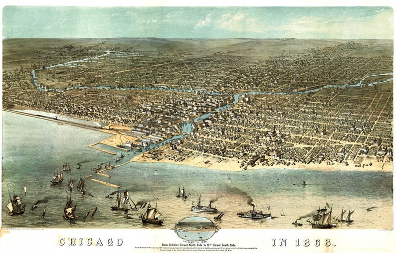 Chicago poster panoramic map Birds eye view of Chicago Chicago illustration on paper or canvas image 2