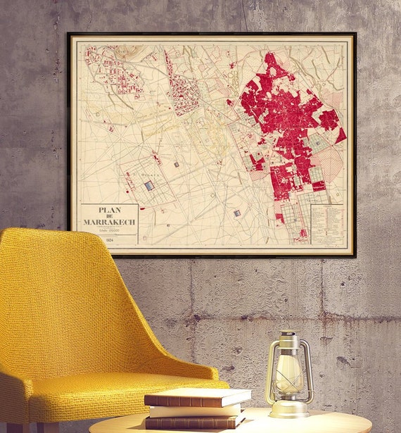 Vintage map of Marrakesh , vieille carte de Marrakech, wall map print on paper or canvas