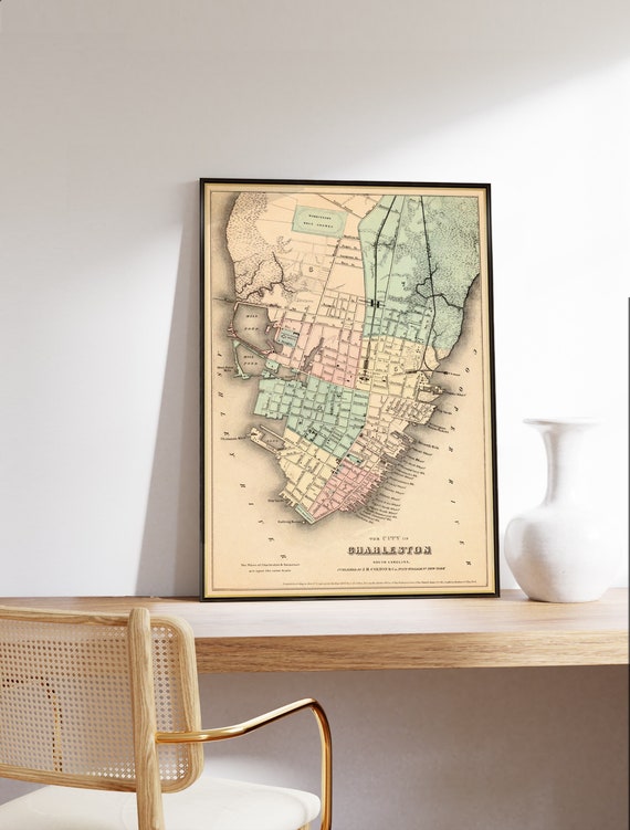 Charleston map, wonderful city plan from 1855, restored map, house warming decor