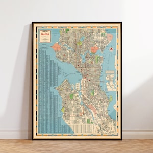 Plan des rues vintage de Seattle de 1947, impression de carte murale, l'histoire de la ville sur une carte
