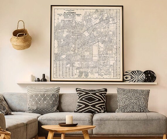 Alhambra, South Pasadena, San Gabriel, San Marino, Monterey Park, Wilmar, large vintage map, minimalist style decor