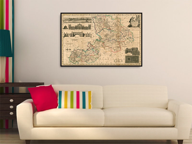 available on paper or canvas Historical map with illustrations Oxford Shire map Wall map of Oxford Shire