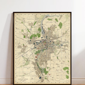 Odense map - Old map archival print - Large wall map on paper or matte canvas