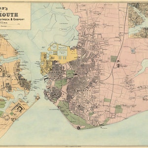 May include: An antique map of Portsmouth, Portsea, Landport, Southsea & Gosport, England. The map is printed in black and white with colored accents. The map shows the layout of the city with streets, buildings, and waterways.