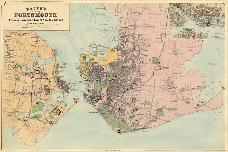 May include: An antique map of Portsmouth, Portsea, Landport, Southsea & Gosport, England. The map is printed in black and white with colored accents. The map shows the layout of the city with streets, buildings, and waterways.