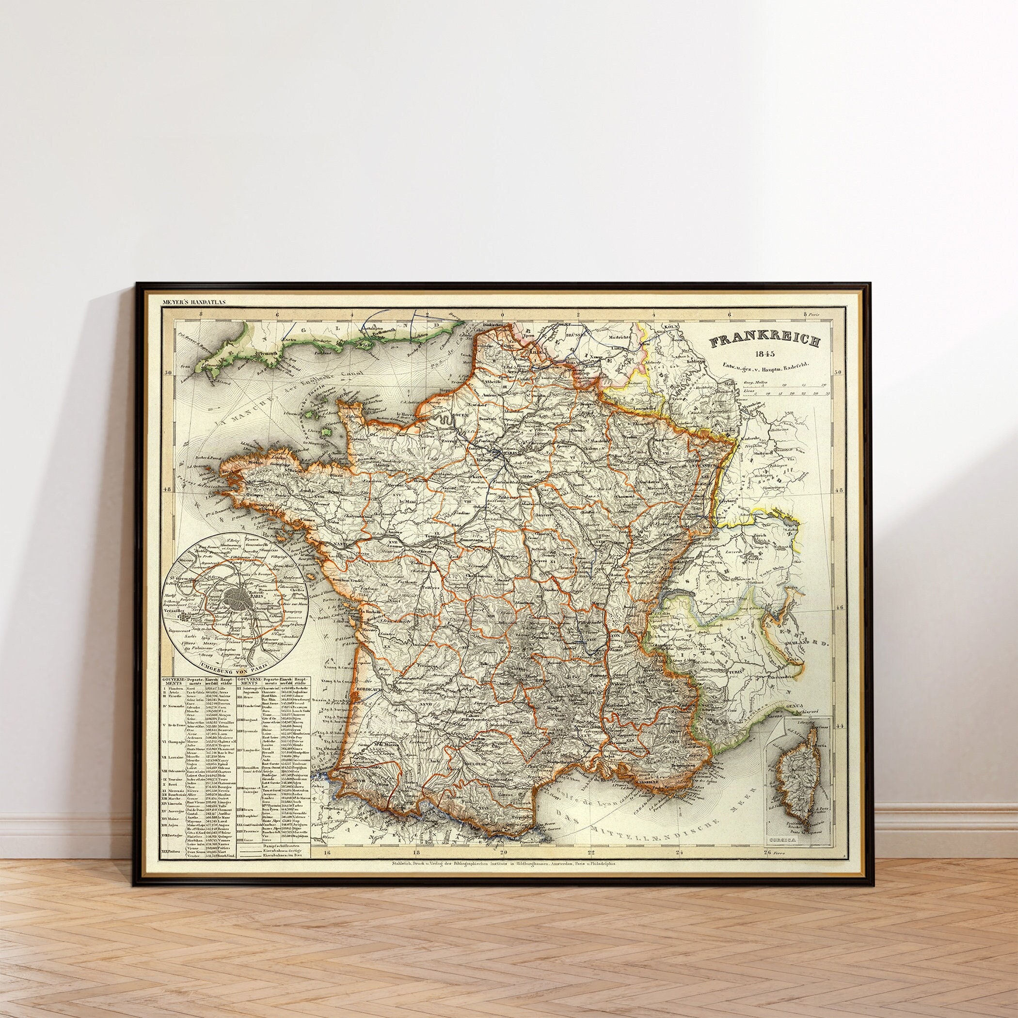 Large old map of France, historical map from 1845, decorative wall map, print on paper or canvas