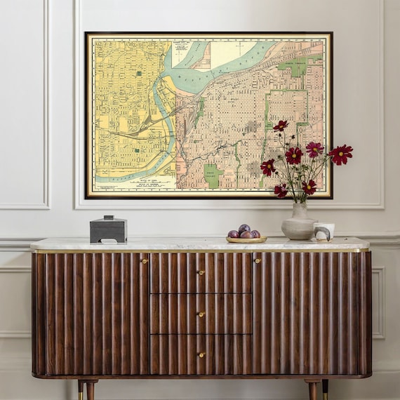 Map of Kansas City, fine art reproduction, vintage style wall map decor