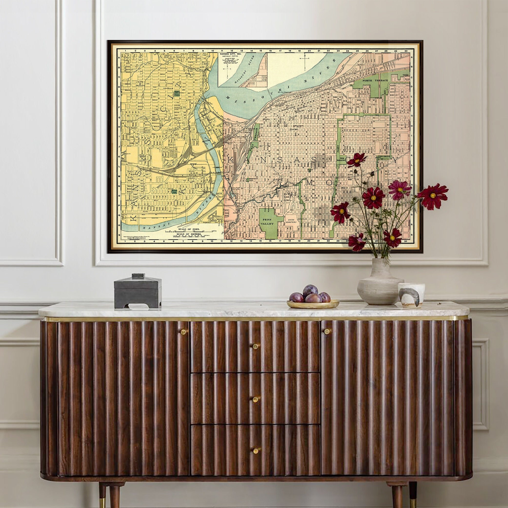 Map of Kansas City, fine art reproduction, vintage style wall map decor
