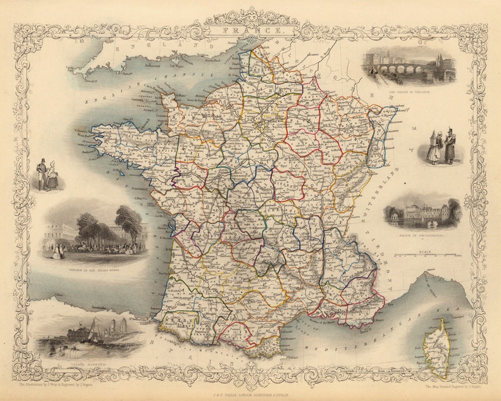France Map, Old Map of France With Illustrations, Classical