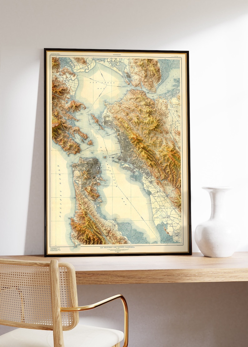 Carte topographique de la baie de San Francisco, qui redonne vie à d'anciennes cartes en ajoutant un effet de relief ombré image 1