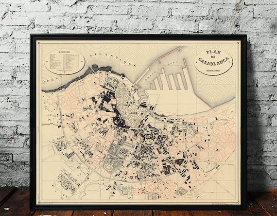 Map of Casablanca - Historic map -  Giclee archival map  poster on paper or canvas