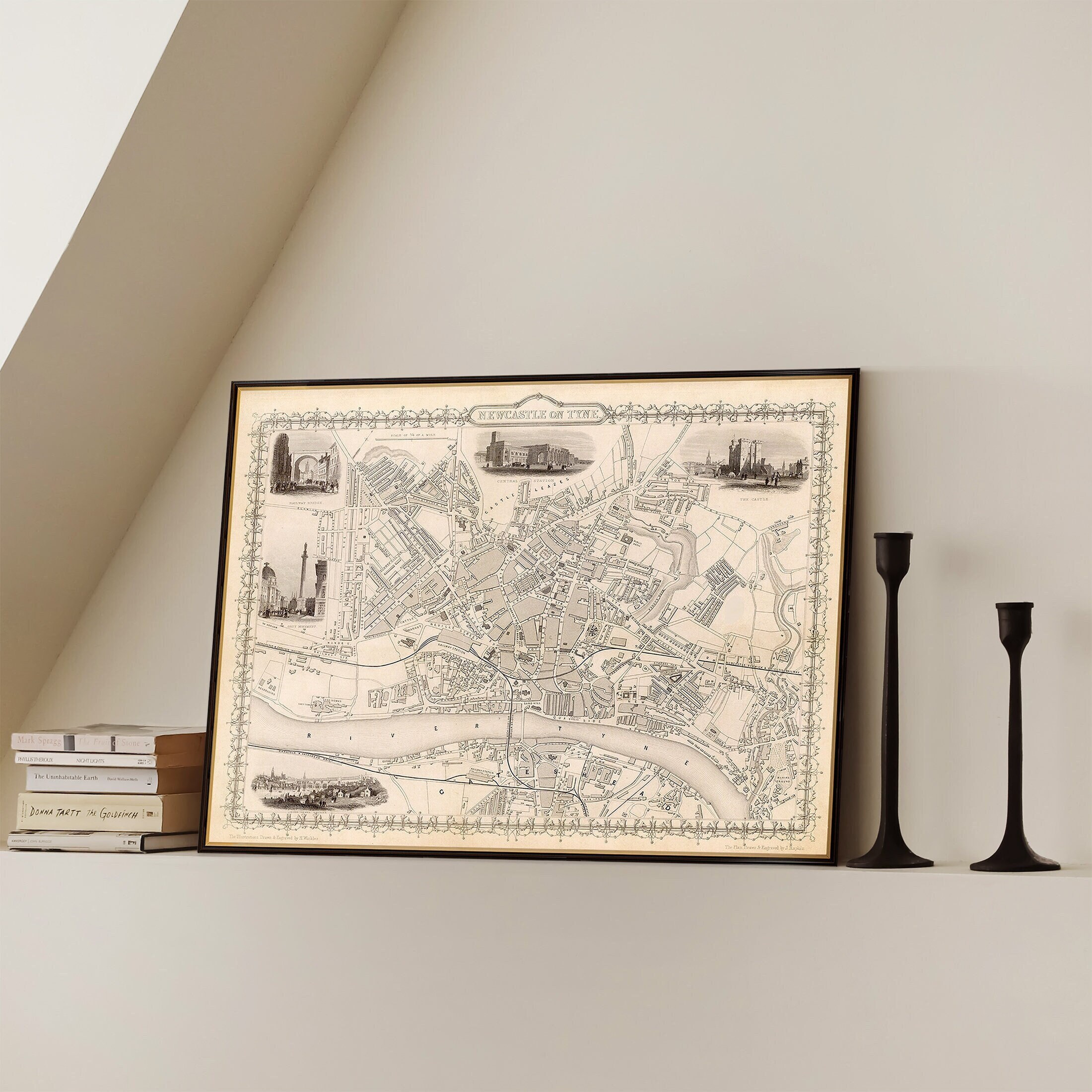 Old map of Newcastle on Tyne, historical map restored, old city plan of Newcastle on Tyne, archival print on paper or canvas