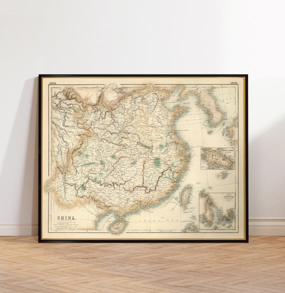 China map, old map of China from 1872, historical map restored, decorative vintage map art